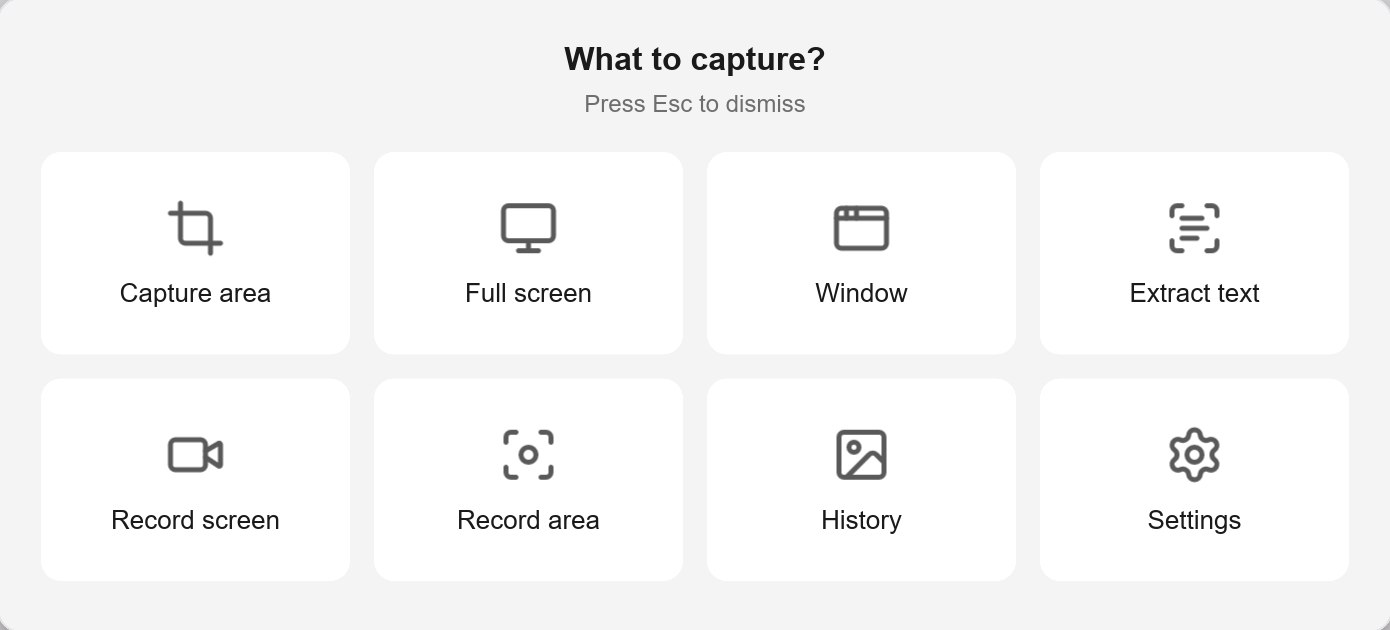 O menu do Clipo: capturar área, tela inteira, janela, texto, gravar e histórico